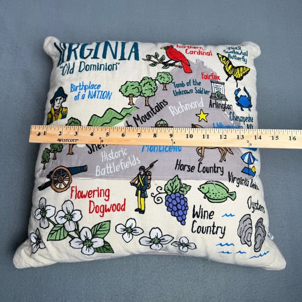 Catstudio Virginia State Hand Embroidered Pillow Old Dominion Retro Map Accent